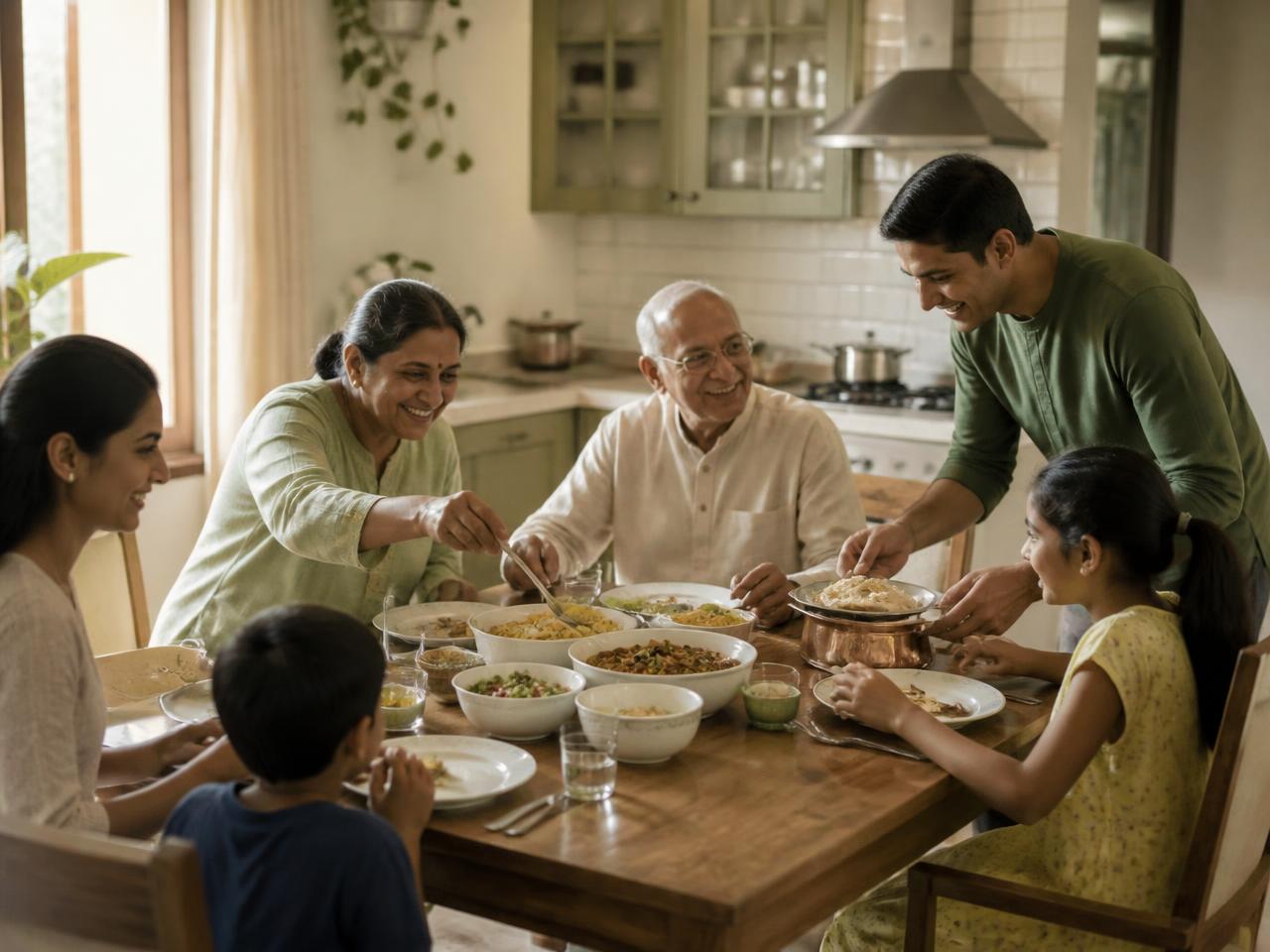 An Indian family sharing a healthy home-cooked meal together